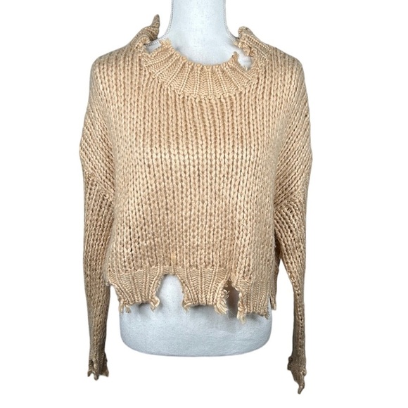 Forever 21 Tan Knit Distressed Cropped Long Sleeve Sweater Size Small - Picture 1 of 7